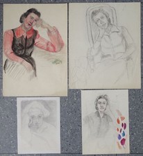 4 Zeichnungen Konvolut - Aquarell - Frauen Portrait Frau sitzend Studie - 1969