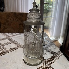 Antiker Jugendstil Glaskrug geschliffenes Kristallglas mit Zinndeckel Jugendstil
