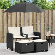 Gartensofa 2-Sitzer mit Sonnenschirm und Hocker Gartenmöbel Lounge Poly Rattan 