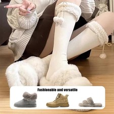 Autumn Women WARM Knit Over The Knee Socks Faux Fur Pom Pom Thigh High Stocking
