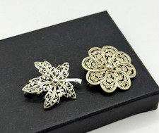 2x 835 Silber Filigran Broschen – Handarbeit, Blüte & Blatt, Vintage Schmuck