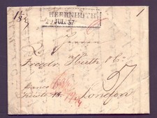 Vorphila Faltbrief 1837 mit Stempel HERRNHUT und LONDON franco Küste (561)