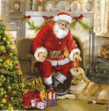 3 Servietten ~ Weihnachten, Weihnachtsmann sitzt im Haus am Kamin, Hund ~ 33x33