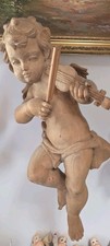 Groß Holzschnitzerei Holzfigur Wandengel Engel Putte Putto Geiger Natur 48 cm