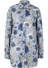 Longbluse Gr. 42 Softblau Floral Damen Langarm-Bluse Shirt Tunika Oberteil Neu