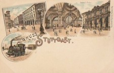 STUTTGART Bahnhof Gruss aus col. Litho AK um 1900