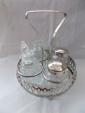 Alte Salz und Pfeffer Menage, Glas, 5-teiliges Set, Streuer, Fläschchen,