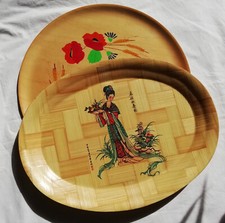 2 Tabletts Platten Serviertablett aus Holz rund handbemalt Bambus oval bedruckt 