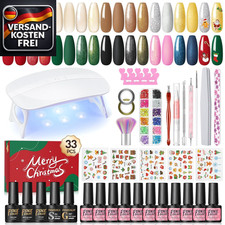 UV Nagellack Set 33 Stück mit UV Lampe, 10 Farben, Glitzer, Base Top Coat, Gelnä