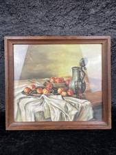 Aquarell Stillleben Äpfel Zinnkanne Glas Tischtuch signiert Nachlass Altes Bild