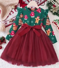 Schlichtes Weihnachtskleid mit festlichen Motiven und Tüllrock, Gr.98/104, Neu