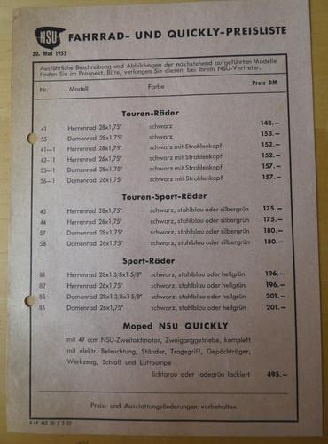 Original nsu preisliste - nsu, 1955