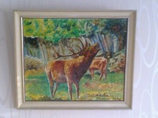 Ölgemälde 1962 Natur Hirsch im Wald