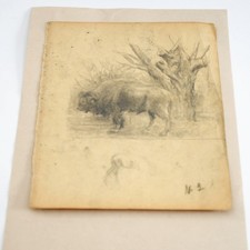 Original Handzeichnung + 2 Skizzen - Bleistift - Büffel Baum + Mann Wagen