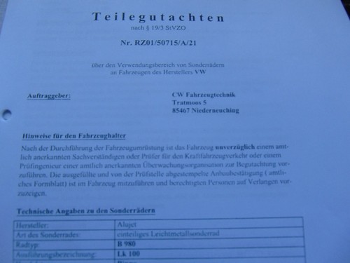 Tüv gutachten alufelge - alufelge, cw