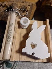 4 Teile Hase Geschenk Deko Oster Hasen Set Kerze Halter Echt Holz Brett Ostern💗