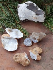 Chalcedon Geoden Set – 3 Drusen Paare + Feuerstein – Naturstein Sammlung