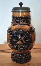 Steingut Weinkrug Bierkrug Keramikkrug Krug Don Quichotte mit Zinndeckel DDR