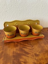 altes Emaille Küchenset Regal „Sand Seife Soda“ Behälter  Putzmittelbehälter