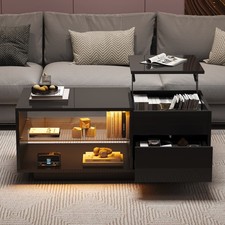 LED Couchtisch Höhenverstellbarer Wohnzimmertisch mit Glasablage und Schublade