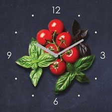 Wanduhr Glas 20x20cm Tomate Basilikum Glasuhr Uhr Glasbild Küchendeko Deko