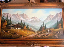 Original Großes Ölgemälde mit Goldrand Berg-Naturlandschaft  mit Unterschrift 