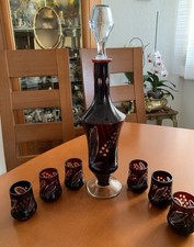Karaffe mit 6 Gläsern Übergang Geschliffen Rubinrot Glas Vintage Top Zustand