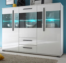 Highboard Schrank weiß Hochglanz Vitrine 160x126 Soft-Close Beleuchtung Design-D
