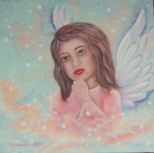 NACHDENKLICHES ENGELCHEN  60x60cm   Engel gemalt Bild Kunst Engelbild Wandbild 