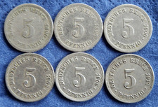 Deutsches Reich, KR; 6 x 5- Pfennig- KM aus 1890 bis 1913 (alle D); K-N: 14,74 g