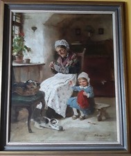 Hugo Oehmichen Ölgemälde "Großmutters Strickstunde"