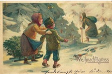 23.12.1905 Glückwunschkarte Weihnachtsmann oliv Kinder Schlitten Tanne Top