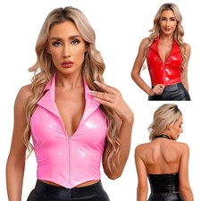 DE Damen Wetlook Weste Sexy Lackleder Crop Tops Bustier Raves Party Clubwear