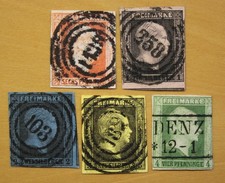 PREUSSEN – MiNr 1 bis 5 mit NS bzw. Ortsstempel, je vollrandig, Michelwert 210,-