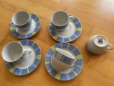 9 tlg. Kaffee Tassen Set 5 Tassen 4 Untertassen Teller hellblau weiss MF Design