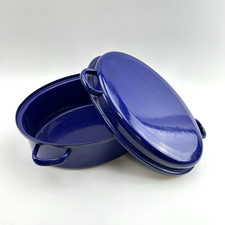 Emaille Bräter 39x28cm Blau | VTG Oval Ofenform mit Deckel | Retro Kochgeschirr