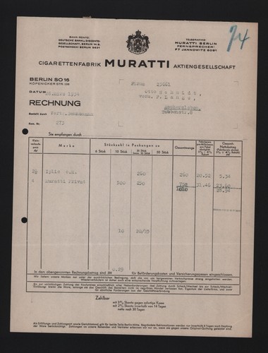 Berlin rechnung 1934 muratti - rechnung,
