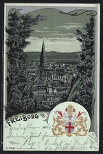 Mondschein-Lithographie Freiburg i. Br., Münster im Stadtbild, Wappen 1901 