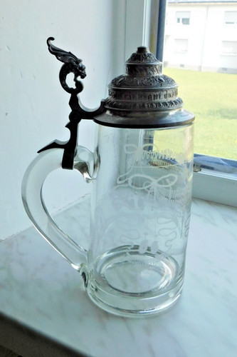 Bierkrug glas mit zinndeckel - bierkrug,