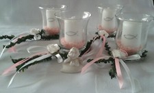 Rosa Tischdeko Kerzen Fisch Kreuz Buchsbaumfische Taufe, Kommunion Konfirmation