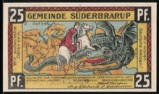 Notgeld Süderbrarup, 25 Pf, Karte mit Drachen und Reiter, Händedruck und Flagge 