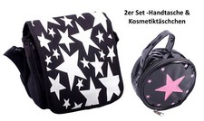Taschen-Set Damen Schultertasche Kosmetiktasche Sterne schwarz weiß rosa