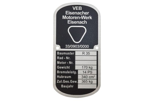 Typenschild für emw - für, r35