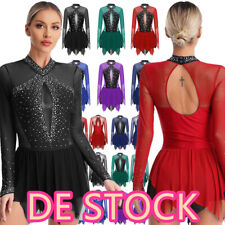 DE~Damen Langarm Ballettkleid Eiskunstlauf Kleid Glitzer Strass Ballettanzug