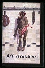 Affe am Haken neben Schinken