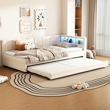 90x200cm Tagesbett mit Ausziehbarem Bett, LED Schlafsofa mit Lattenrost, Regale