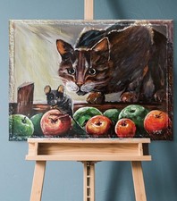 30/40cm Katze Maus Acryl Gemälde - Handgemalt   Leinwand - Katzenbild original