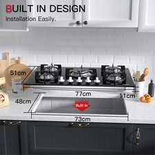 Kochfeld 5 Flammen Gasherd 77 cm Einbaukochfeld Glas schwarz