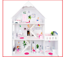 Großes Holz-Puppenhaus 118 cm 3 Etagen 7 Räume LED + 57 Zubehör für Modepuppen
