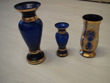 Vase, blau, Bohemia, Gold und Blumendekor 3 Vasen